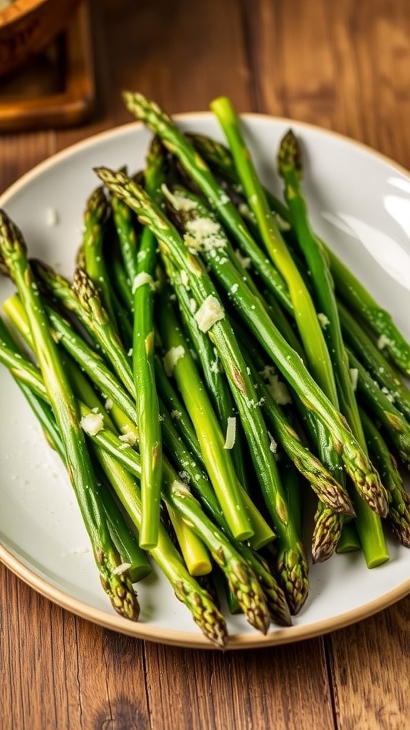 Crispy air fryer asparagus spears garnished with Parmesan cheese on a rustic plate.